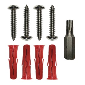 Tamperproof sign wall fixing kit with security screws, rawl plugs and Torx driver tool