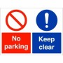 Red and blue No Parking Keep Clear Sign with prohibition and mandatory symbols
