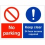 Red and blue No Parking Keep Clear 24 Hour Access Required Sign
