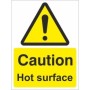 Caution Hot Surface warning sign with yellow background and hazard symbol