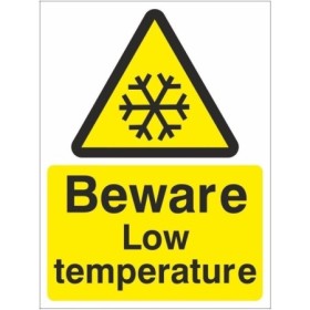 Beware Low Temperature Sign with Snowflake Warning Symbol