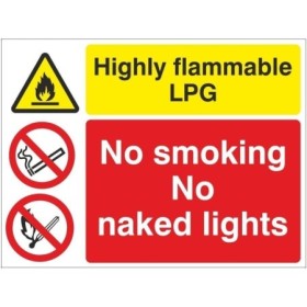 Highly Flammable LPG No Smoking No Naked Lights Sign with warning and prohibition symbols