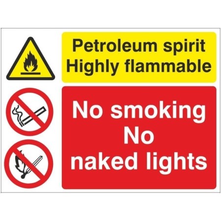 Petroleum Spirit Highly Flammable No Smoking No Naked Lights Sign with warning and prohibition symbols