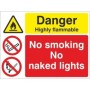 Danger Highly Flammable No Smoking No Naked Lights Sign with warning and prohibition symbols
