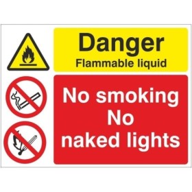 Danger Flammable Liquid No Smoking No Naked Lights Sign with warning and prohibition symbols
