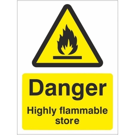 Danger Highly Flammable Store Sign with yellow and black flame warning symbol