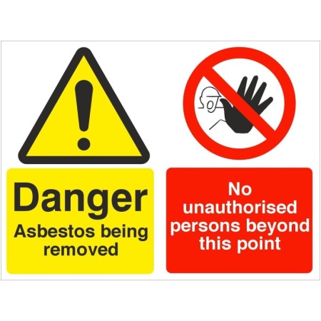 Danger Asbestos Being Removed No Unauthorised Persons Beyond This Point safety sign with warning and prohibition symbols
