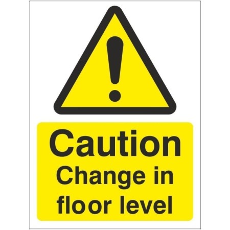Caution Change In Floor Level warning safety sign with yellow hazard symbol