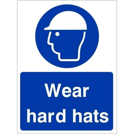 Wear Hard Hats mandatory safety sign with white helmet symbol on blue background
