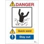 Danger quicksand stay away safety sign with warning symbol and pictogram