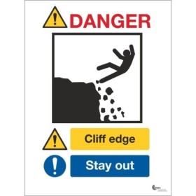 Danger Cliff Edge Stay Away Sign with falling person graphic and stay out instruction