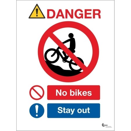 Danger No Bikes Stay Out Sign with bicycle prohibition and stay out symbols