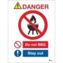 Danger do not BBQ stay out sign with prohibition symbol and safety message