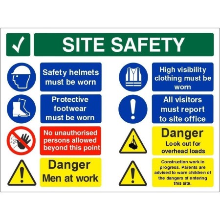 Danger Men At Work multi message site safety board with mandatory, prohibition and warning safety signs.