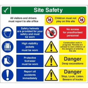 Site Safety All Visitors And Drivers Must Report To Site Office multi message safety board with PPE requirements.