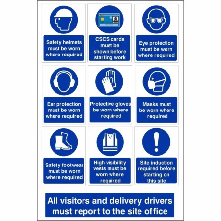 All Visitors And Delivery Drivers Must Report To The Site Office multi message safety board with mandatory PPE symbols