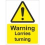 Warning Lorries Turning safety sign with yellow warning symbol