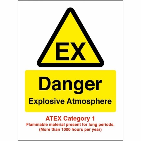 Danger Explosive Atmosphere EX ATEX Category 1 safety sign with recognised EX hazard symbol