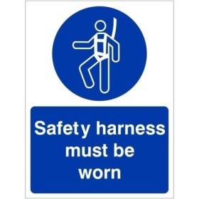 Safety Harness Must Be Worn Sign with mandatory fall protection symbol
