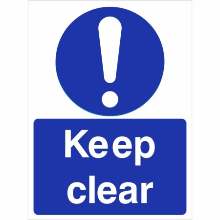 Keep Clear Sign with white exclamation mark and text on blue background