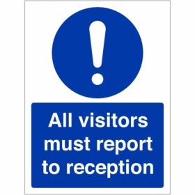 All Visitors Must Report To Reception Sign with white mandatory symbol and text on blue background