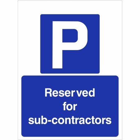 Blue and white Reserved For Sub Contractors Sign with parking symbol