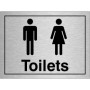  Brushed aluminium unisex toilet sign with male and female icons and bold text