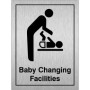  Brushed aluminium Baby Changing Facilities (Portrait) Toilet Door Sign with baby changing icon and bold text