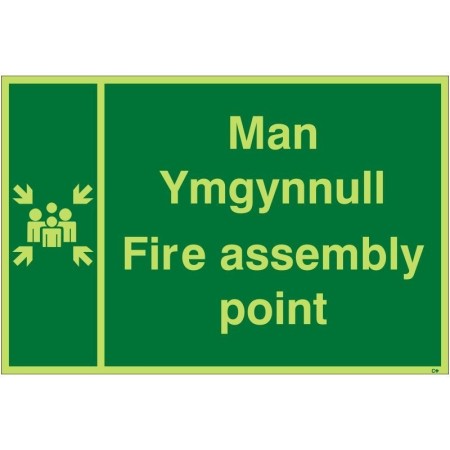 Glow in the dark fire assembly point sign in Welsh and English