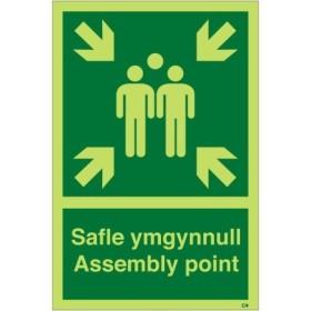 Glow in the dark assembly point sign in Welsh and English