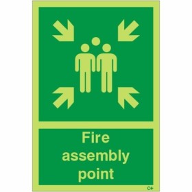 Glow in the dark fire assembly point sign with emergency gathering symbol