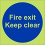 Glow in the dark Fire Exit Keep Clear door sign with photoluminescent background and blue mandatory symbol