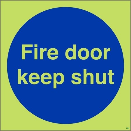 Glow in the dark Fire Door Keep Shut door sign with photoluminescent background and blue mandatory symbol
