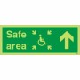 Glow in the dark arrow up safe area sign with wheelchair accessibility symbol
