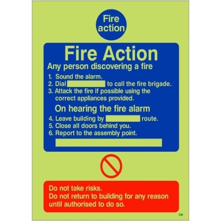Glow in the dark 6 point fire action notice sign for any person discovering a fire