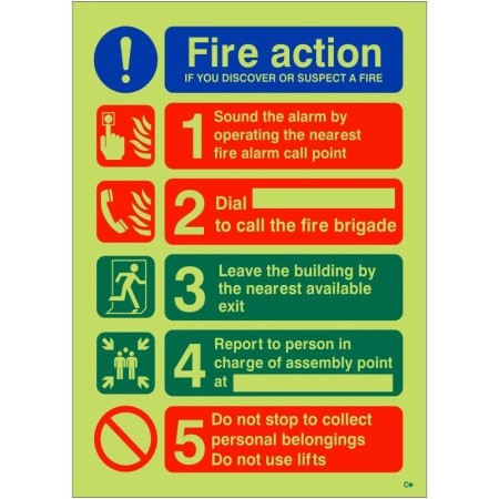 Glow in the dark fire action notice sign if you discover or suspect a fire
