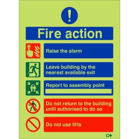 5 point glow in the dark fire action notice sign with do not use lifts instruction