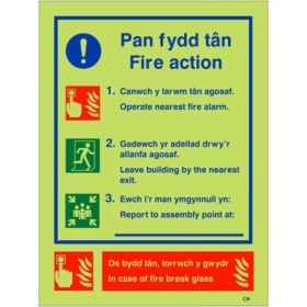 Glow in the dark 3 point Welsh and English fire action notice sign