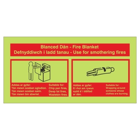 Glow in the dark fire blanket fire ID sign in Welsh and English
