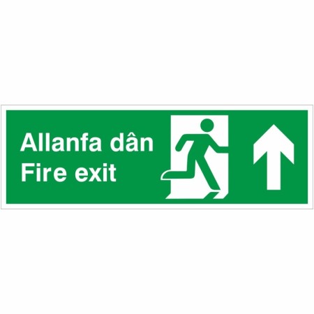 Fire Exit Arrow Up Sign in Welsh and English