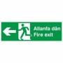 Bilingual Welsh and English fire exit sign with left arrow and running man symbol