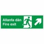 Bilingual Welsh and English fire exit arrow up right sign