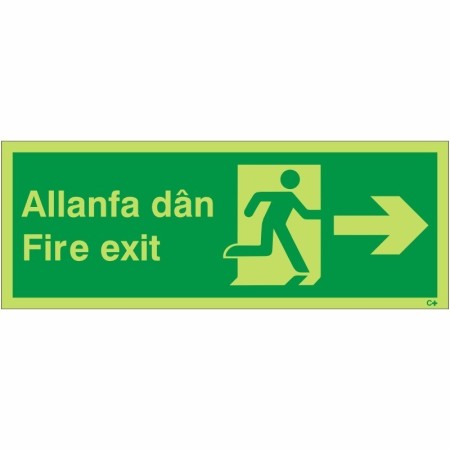 Glow In The Dark Fire Exit Arrow Right Welsh and English Sign
