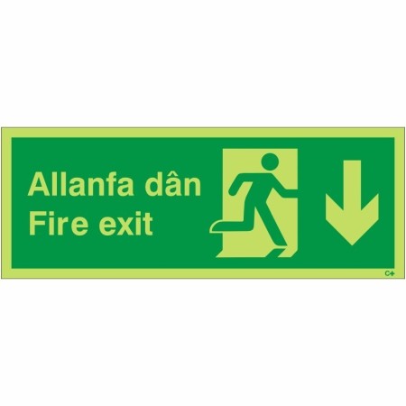 Glow In The Dark Fire Exit Arrow Down Welsh and English Sign
