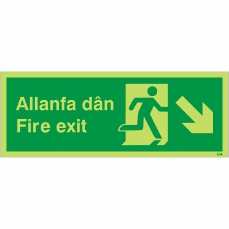 Glow In The Dark Fire Exit Arrow Down Right Welsh and English Sign