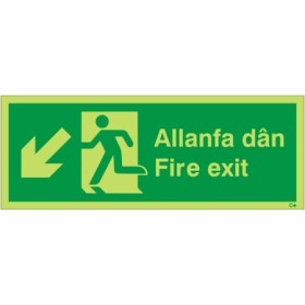 Glow In The Dark Fire Exit Arrow Down Left Welsh and English Sign