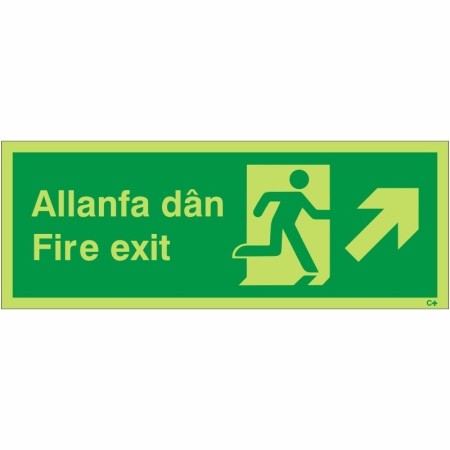 Glow In The Dark Fire Exit Arrow Up Right Welsh and English Sign