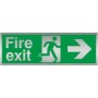 Brushed aluminum Fire exit arrow right sign with running man symbol and directional arrow