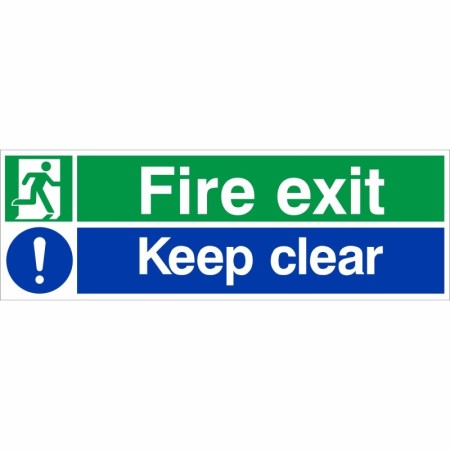 Fire Exit Keep Clear Sign with emergency exit and mandatory safety symbols