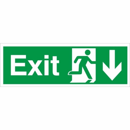 Exit Arrow Down Sign with downward-pointing arrow and running person symbol